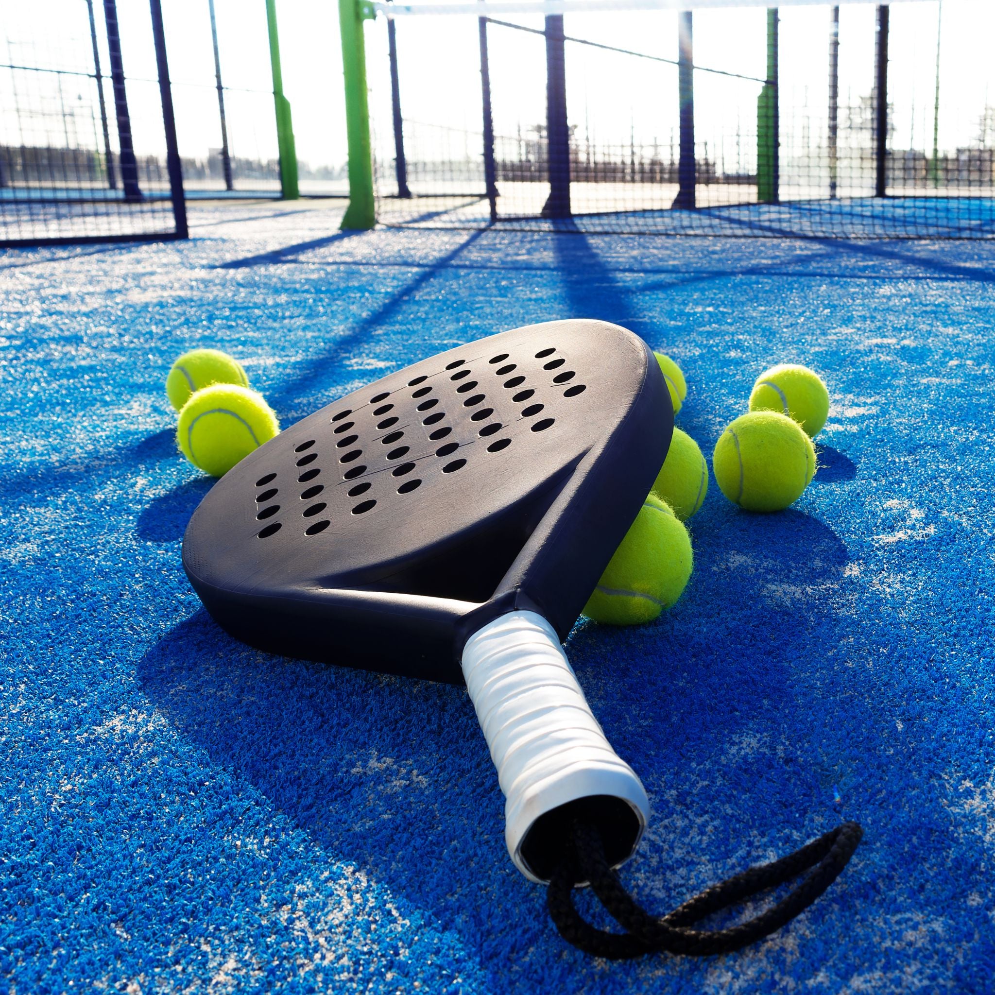 Paddle and tennis balls on a blue court